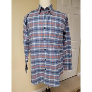 ORVIS Mens Flannel Plaid Preppy Shirt  Blue/Orange Hiking Outdoorsman Size M